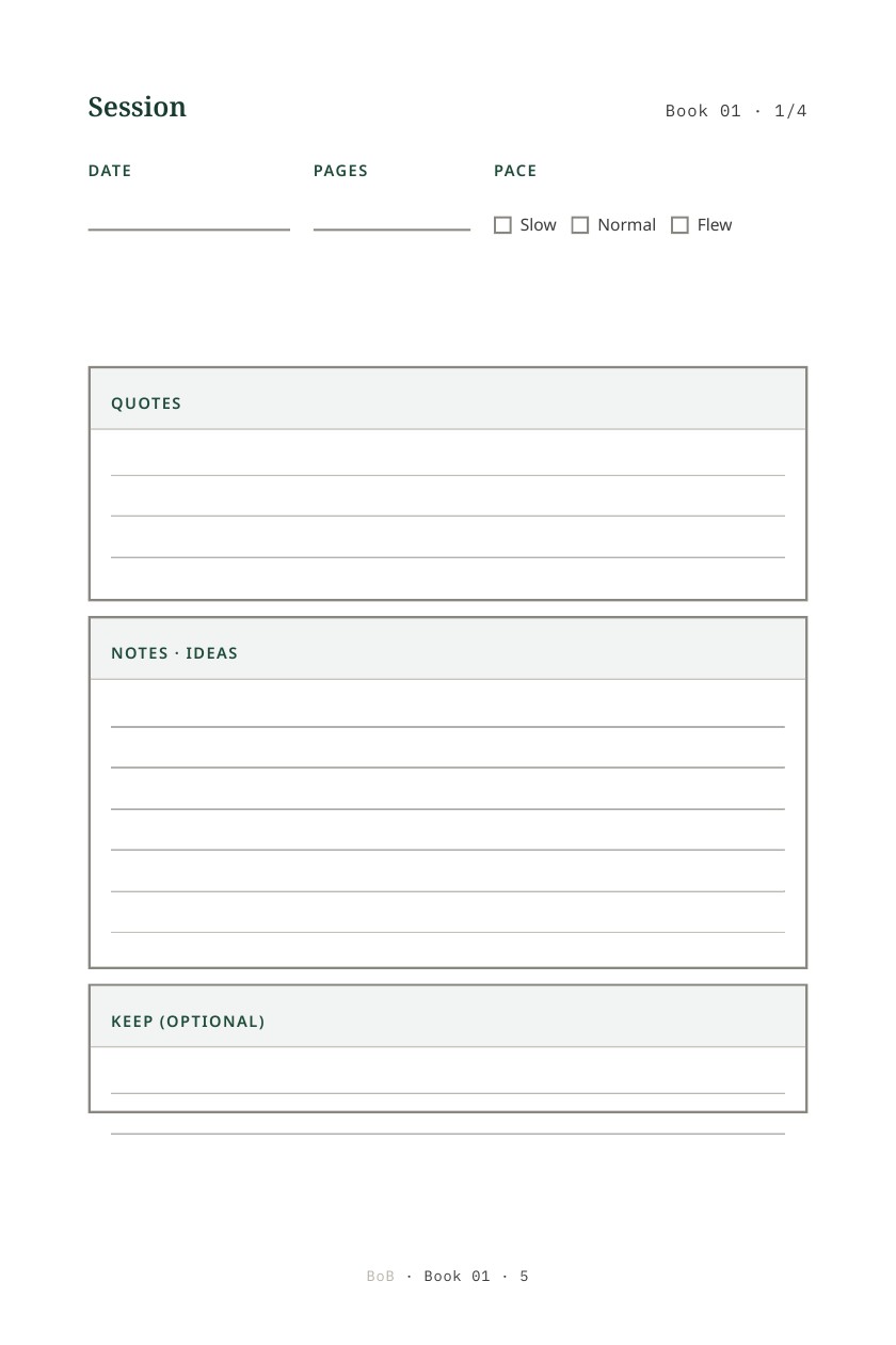 BoB session page with quotes, notes, and pace