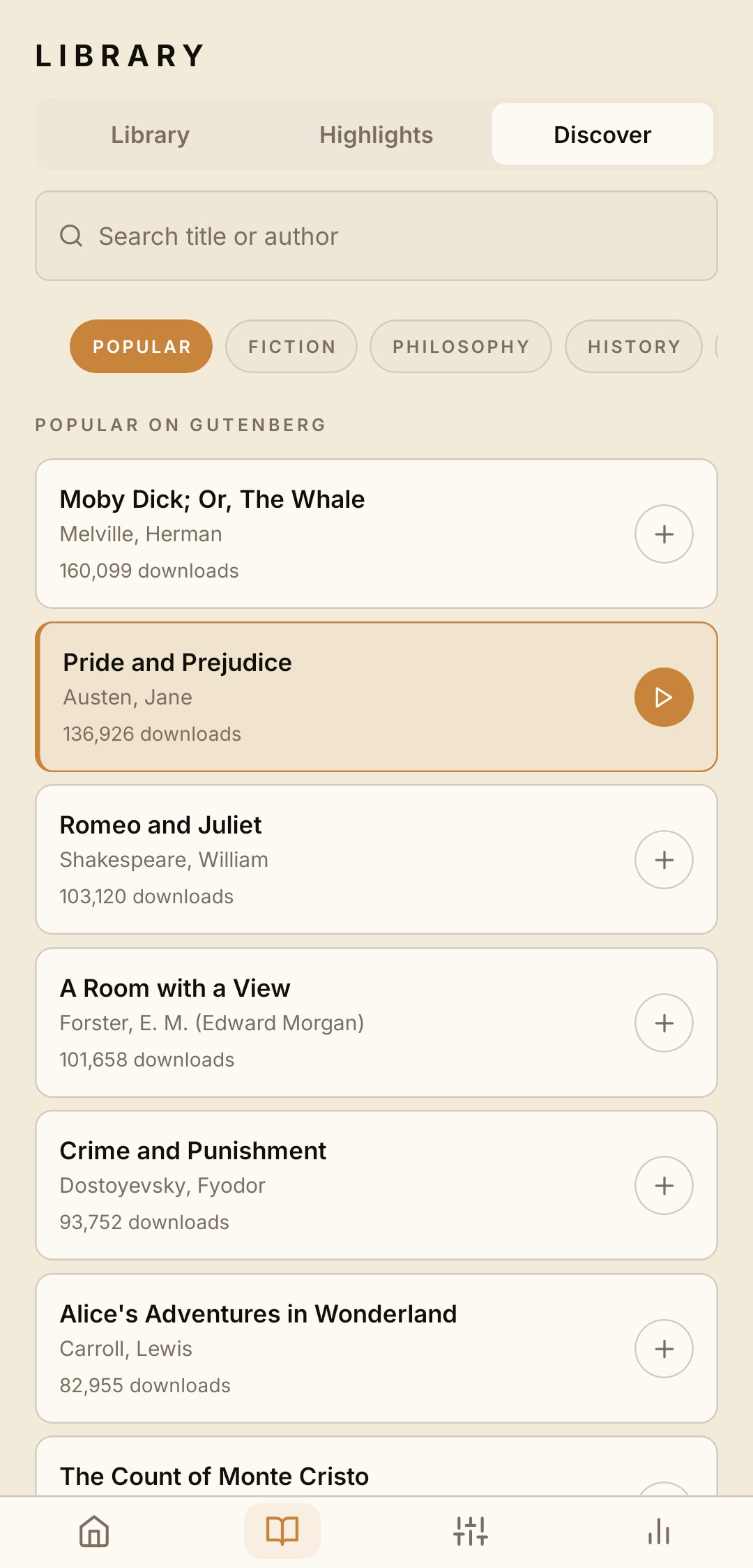 Readwall Discover tab with Gutenberg books