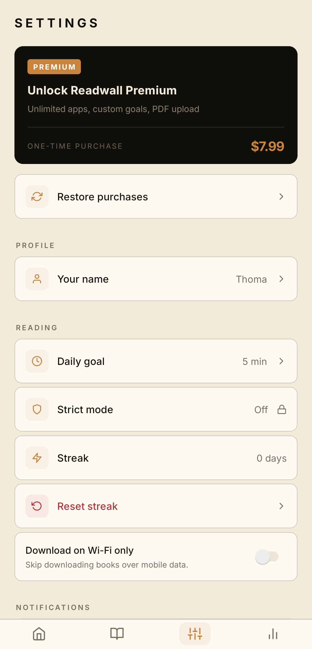 Readwall settings showing Strict Mode