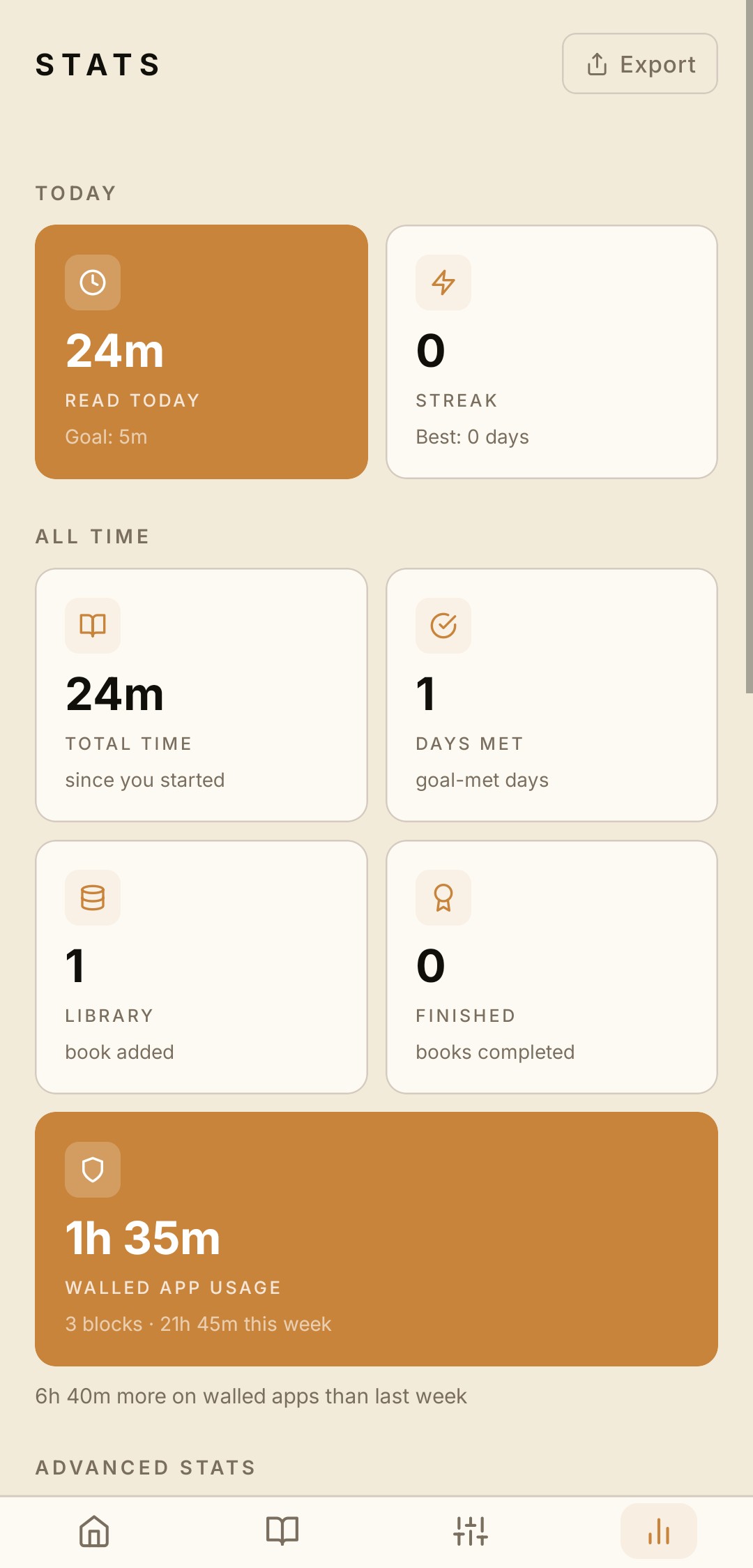 Readwall stats with streak and reading totals